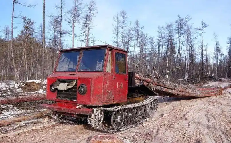 在大兴安岭林区采伐原木离不开这俗称:爬山虎50集材链轨拖拉机.