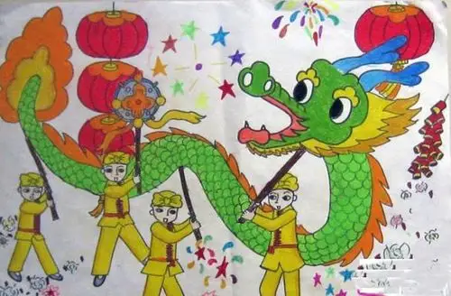 一组春节舞龙儿童画