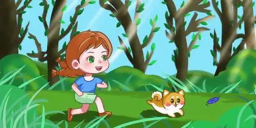 在森林草地奔跑玩耍的小女孩