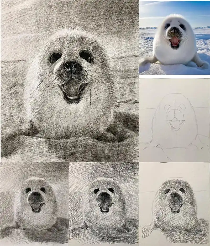 可爱的素描动物-海豹步骤详解分析图 #艺术在抖音 #零基础学 - 抖音
