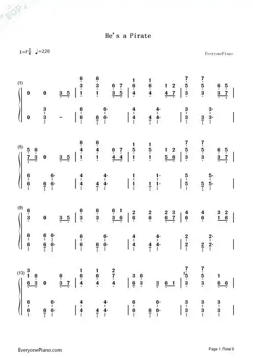 加勒比海盗主题曲双手简谱预览1-钢琴谱文件(五线谱,双手简谱,数字谱