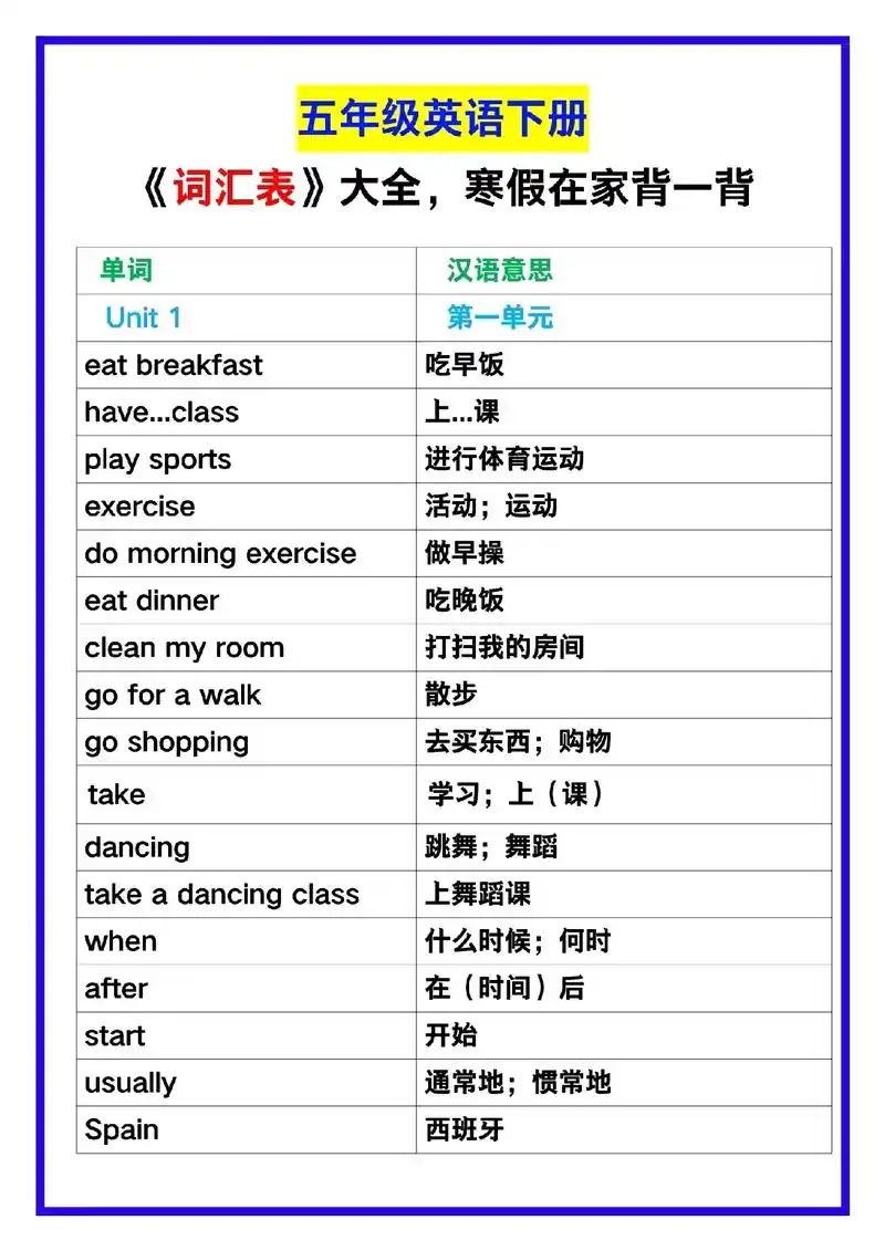 五年级英语下册《词汇表》大全寒假在家背一背!#五年级英语 # - 抖音