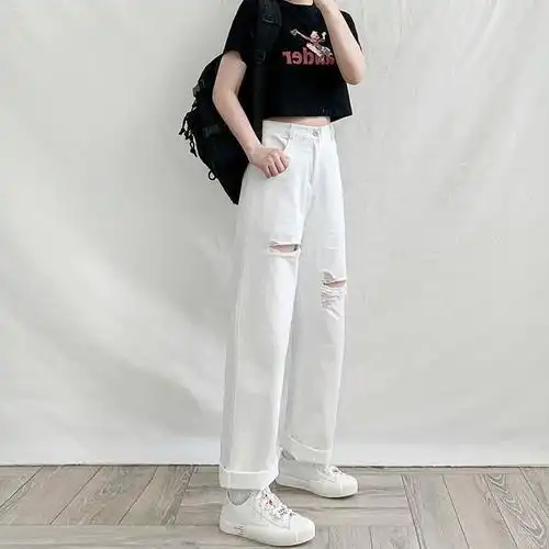 白色裤子垂感高级感白色裤子女春秋宽松阔腿膝盖破洞牛仔裤高腰垂