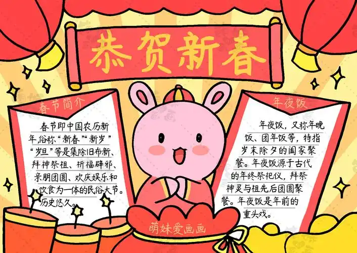 (含文字内容的小学生2023兔年春节手抄报与简笔画合集,简单又漂亮)