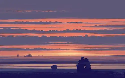 浪漫情侣夕阳海边手绘,图片 - 真棒壁纸