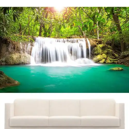 高山瀑布流水生财装饰画风水画树林阳光自然风景墙壁贴画挂画 高山