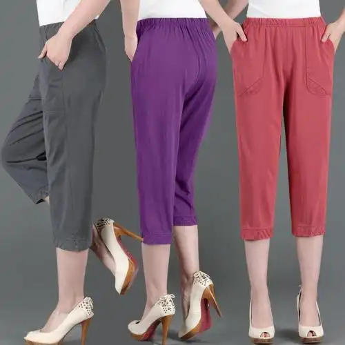 中老年女裤夏装薄款妈妈休闲裤七分裤纯棉高腰大码5分裤子运动裤
