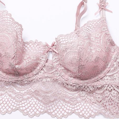 大胸显小夏季文胸聚拢粉红色收副乳性感蕾丝调整型胸罩内衣女薄款