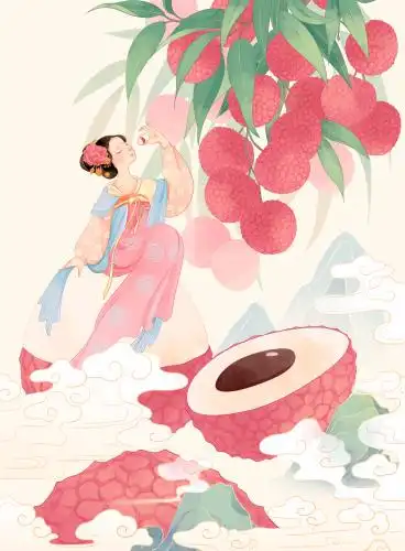 唐朝杨贵妃吃荔枝与荔枝祥云山国潮插画