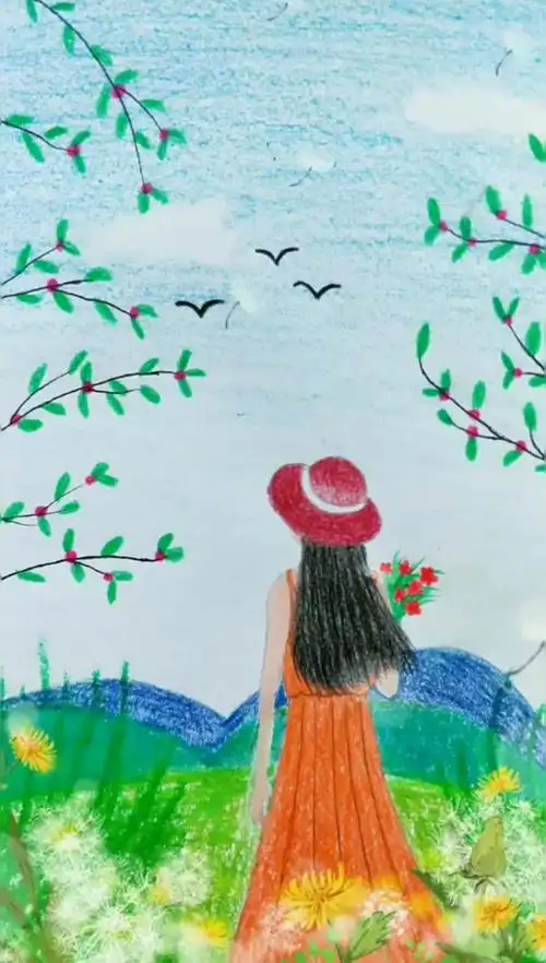 彩铅画小姐姐背影