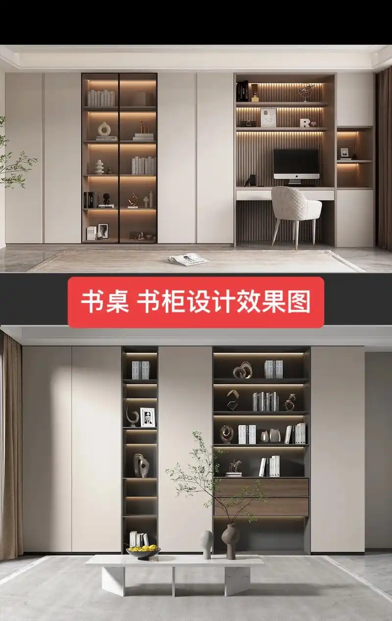 书桌书柜设计效果图.书柜 书架 书桌设计参考#书架设计 #书 - 抖音
