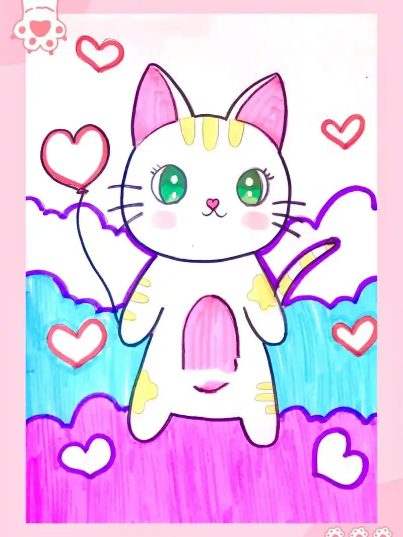 小猫儿童画/简笔画 猫咪儿童创意画 难度:适中 适合5-7岁的小朋友