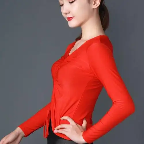 新款舞蹈上衣练功服新疆舞小衫新疆舞蹈服女长袖蓝色拉丁舞广场舞