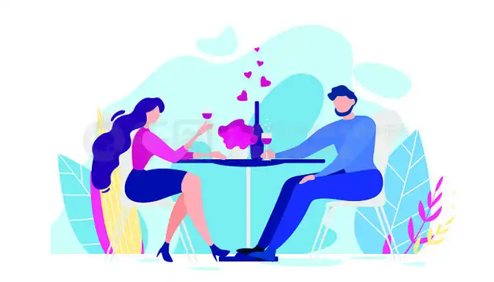 浪漫晚餐卡通男女餐桌,自然花卉背景矢量图解.女朋友欢呼酒杯饮料.