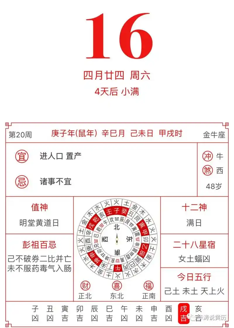 老黄历:2020年5月16号,星期六,农历四月二十四,出门看黄历