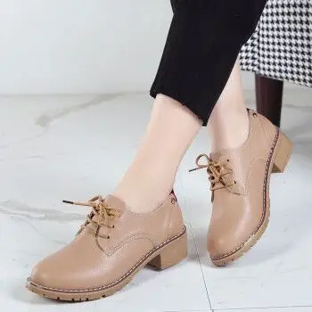 皮鞋女真皮软底平跟女士平底休闲单鞋 卡其色 默认35【图片 价格 品牌