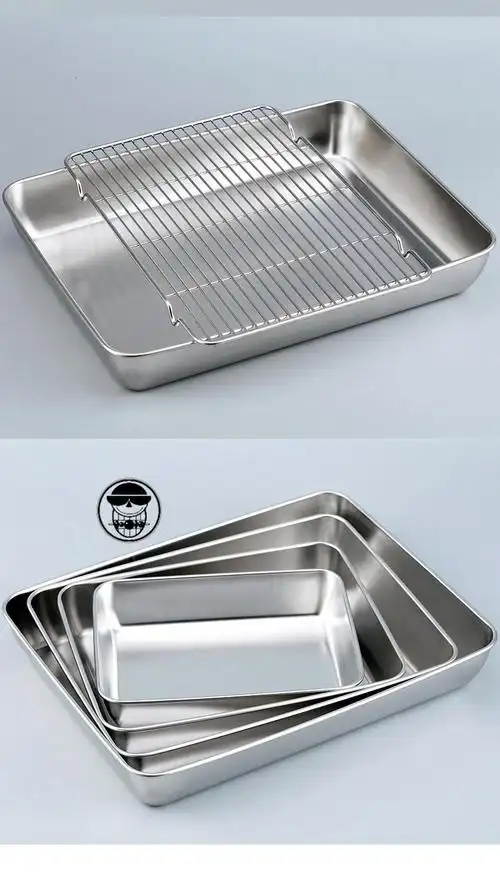 家用方盆带盖不锈钢盒厨房盛菜盆平底盆加厚纯平底盘13510555cm不带盖