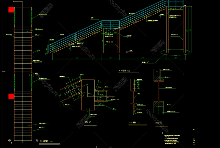 某室外直跑钢楼梯结构设计图纸钢结构cad工程图纸下载