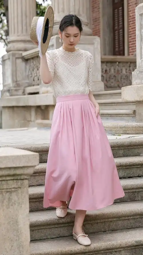 粉色系半身裙搭配飘逸上衣优雅中带有可爱
