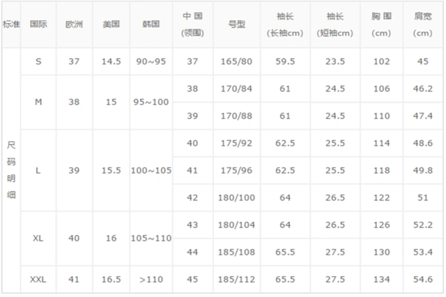 男式衬衫尺码对照表