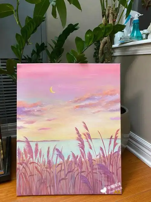 丙烯画|落日余晖|含步骤图帆布画板:40x60颜料配色:粉,紫,黄,蓝,橙色