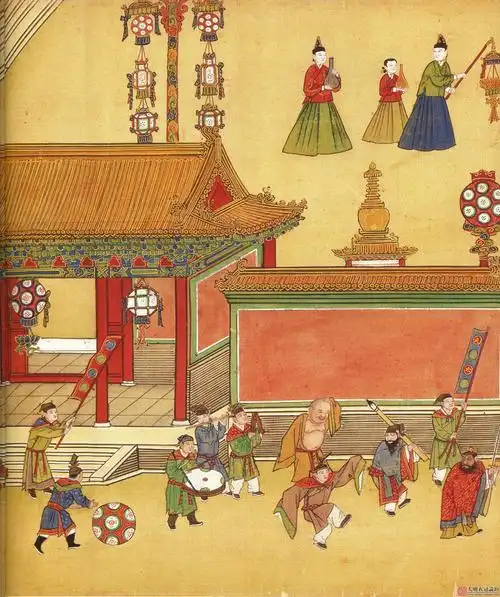 在宫廷绘画中有一类表现帝王生活和重大历史事件的作品,此幅便是其一.