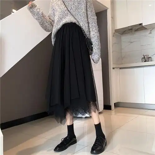 网纱半身裙2022春夏新款黑色网纱则中长款百褶纱裙黑色xs