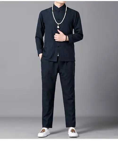 风春季薄款汉服古风中年休闲套装爸爸装国风唐装长袖长裤藏青17088a