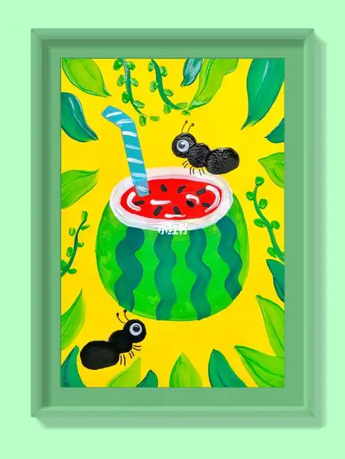 喝一口冰冰凉凉的西瓜汁吧创意儿童水粉画
