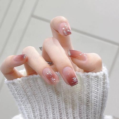 穿戴甲短款棕色渐变闪粉纯欲风指甲贴片显白美甲甲片网红爆款