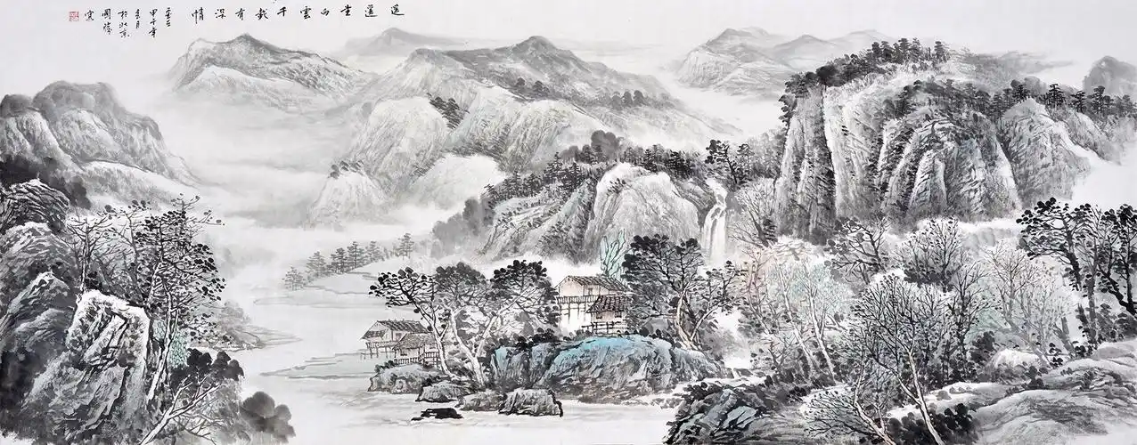 李国胜六尺横幅山水画作品遥遥望白云