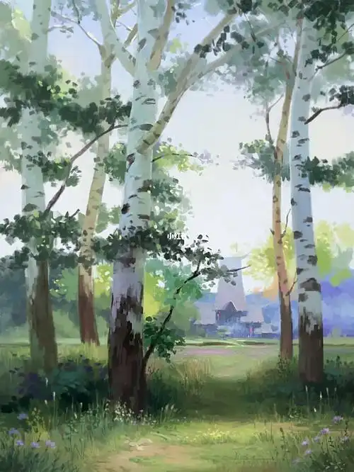 白桦林中的村庄场景概念插画