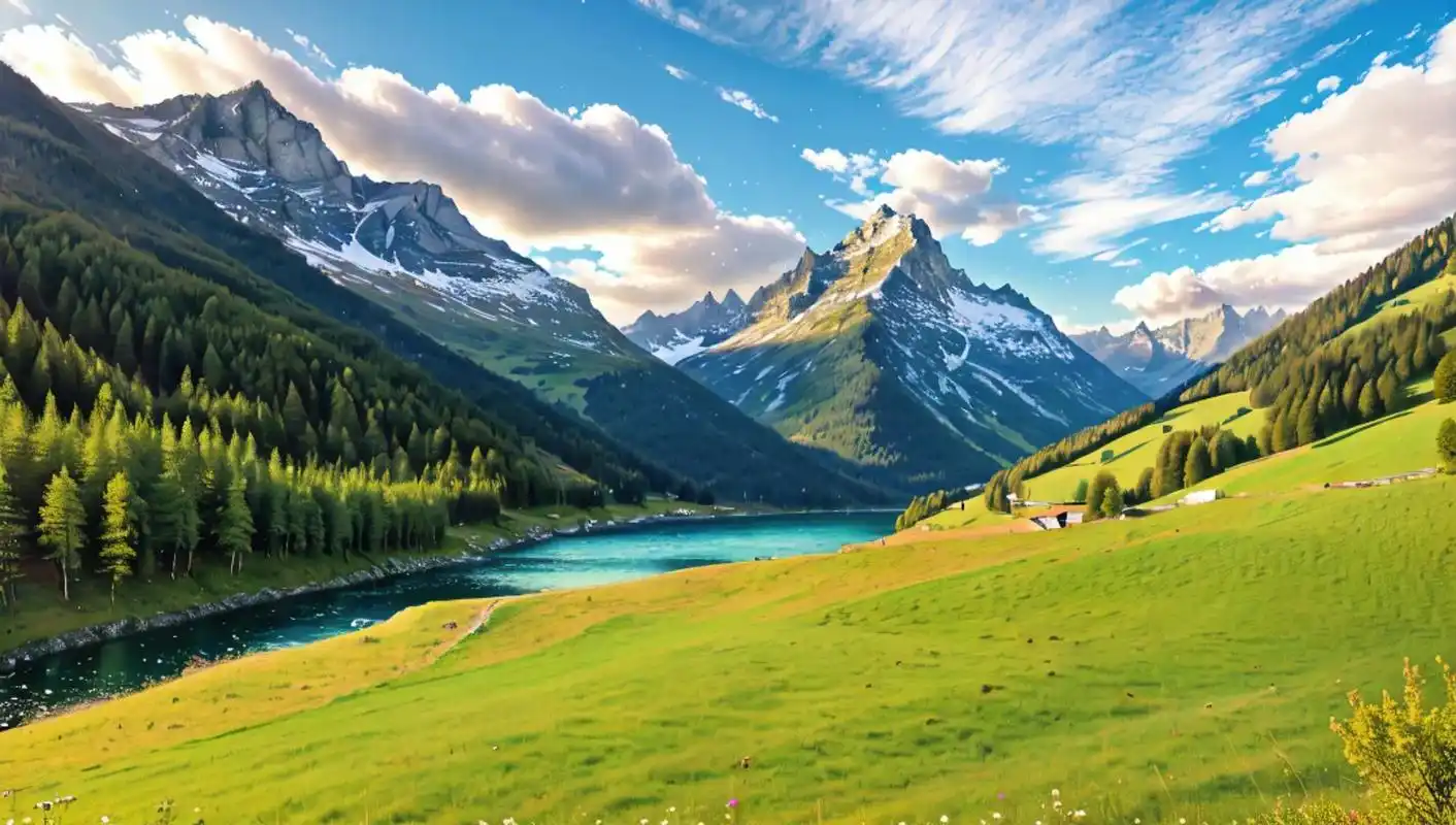 近景的草地溪流与远处的山脉交织出唯美画面.#治愈系风景 #风 - 抖音