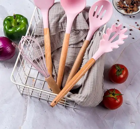 带收纳桶不粘锅厨房用具烹饪套装亚马逊木手柄硅胶厨具11件套