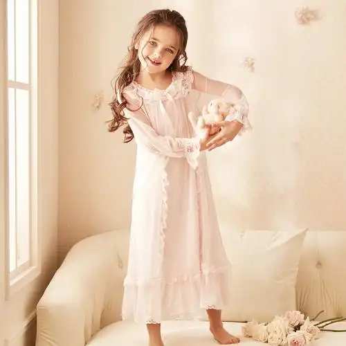 rosetree女童公主睡裙春秋薄款长袖儿童宫廷蕾丝小女孩家居裙