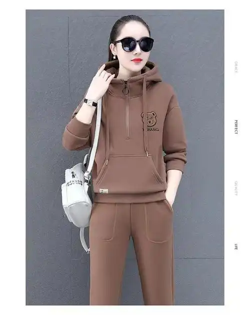 妮薇加绒加厚休闲套装女秋冬装2022新款连帽套头绣花卫衣休闲服两件套