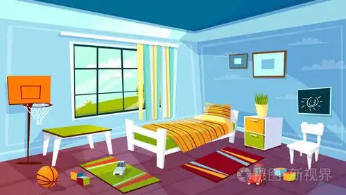 儿童房矢量卡通小男孩卧室室内家具和玩具背景的插图