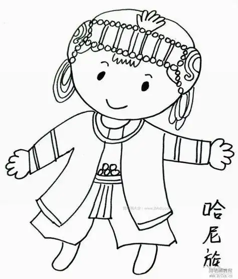 手绘线稿线描五十六个少数民族人物儿童涂色简笔画插画图素材