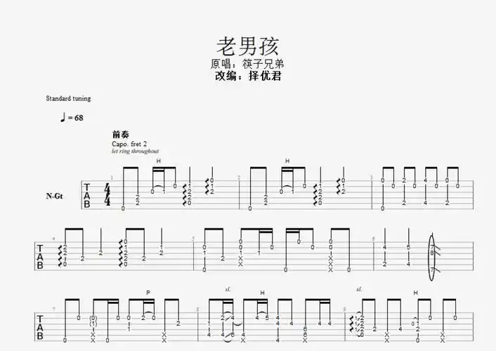 筷子兄弟《老男孩》吉他谱 - e调独奏六线谱 - 标调带间奏第1张