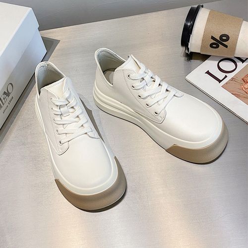 头层牛皮厚底圆头小白鞋女秋季新款v口露脚踝系带大头休闲板鞋ins