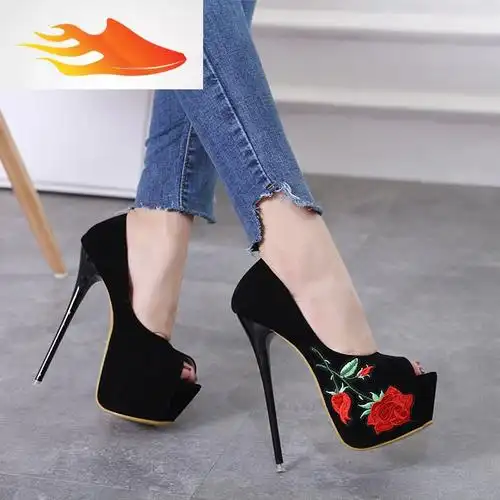 basket黑色性感细跟恨天高夜店鱼嘴女鞋15cm超高跟防水台16cm女单鞋