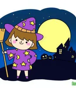 万圣节装扮成可爱小女巫的女孩子卡通简笔画大全