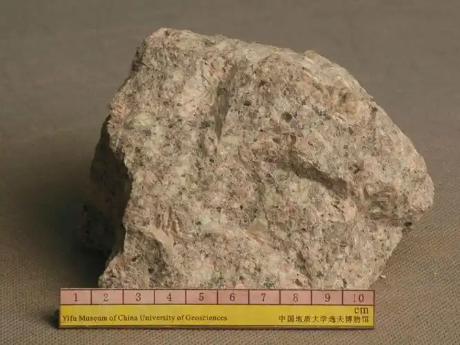 p1,蚀变花岗斑岩,灰褐色,斑状结构,块状构造,斑晶主要为石英,钾长石和