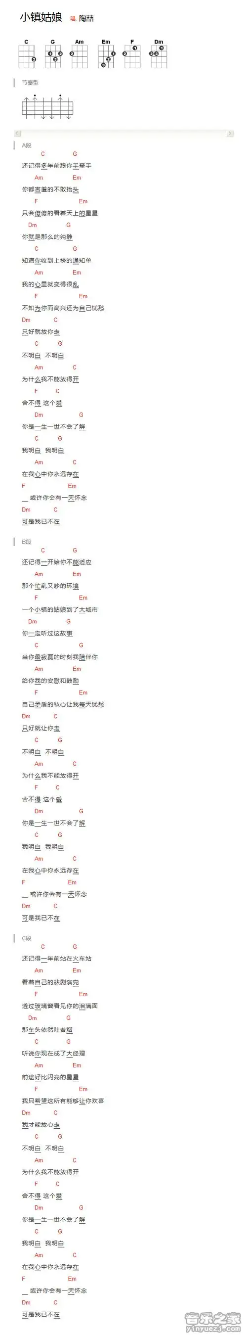 陶喆《小镇姑娘》尤克里里弹唱谱