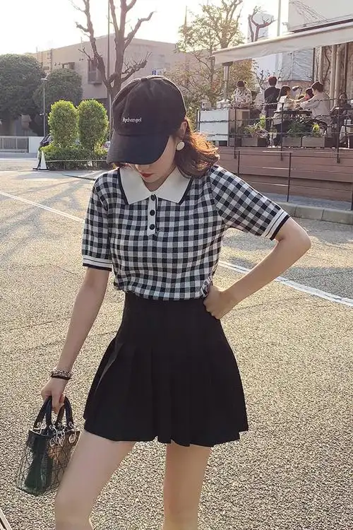 套装韩版polo领上衣格子短袖t恤 高腰学生百褶裙短裙a字裙