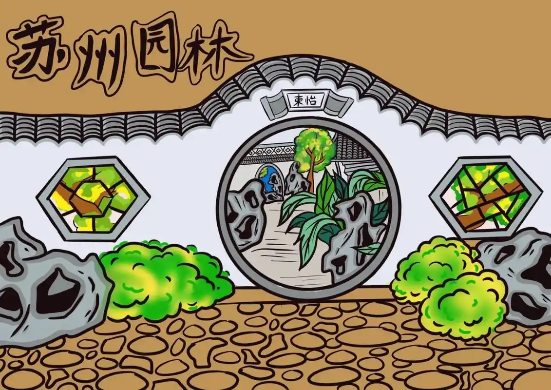儿童画水彩线描苏州园林