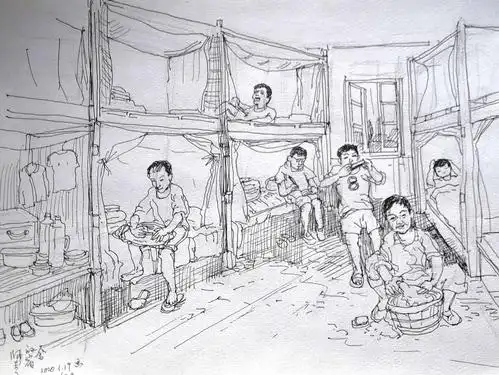 宿舍里,分上下铺,我睡靠最里靠窗的下铺.开始过集体生活,学会自理.