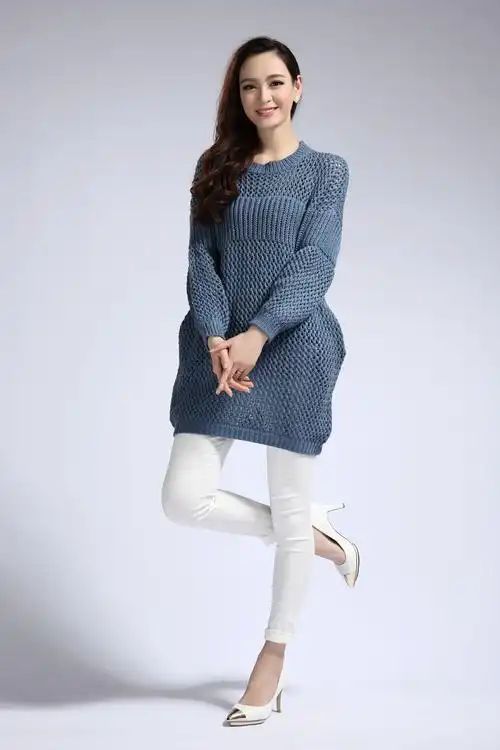 2014春装新款粗针休闲宽松中长款针织衫 欧美气质纯色毛衣女装