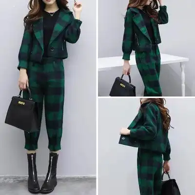 2017新款女装秋冬格子两件套裤长袖毛呢外套短款休闲时尚套装女潮