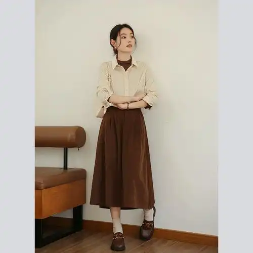 小个子美拉德灯芯绒半身裙女秋冬23高腰a字显瘦复古百搭咖色裙子